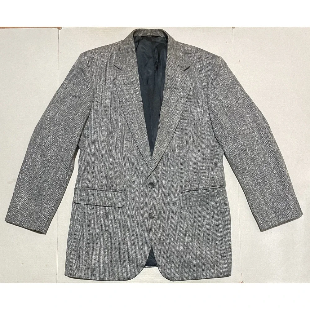 Haggar Vintage Mens 40L Gray Herringbone Tweed Mens Blazer Jacket Sport Coat
